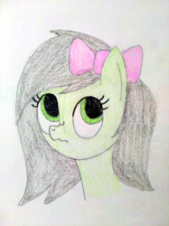 Size: 3016x4032 | Tagged: safe, artist:jakusi, derpibooru import, oc, oc:anon filly, earth pony, pony, bow, bust, cute, female, filly, foal, hair bow, looking away, mare, portrait, scrunchy face, solo, traditional art