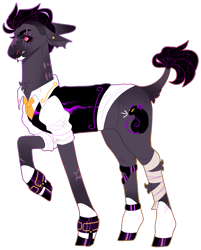 Size: 2275x2836 | Tagged: safe, artist:sleepy-nova, derpibooru import, oc, oc:street rat, earth pony, hybrid, mule, pony, angry, arcane, bandage, bandaged leg, black sclera, blood, clothes, coat markings, collared shirt, colored eyebrows, colored hooves, colored pinnae, colored pupils, countershading, cuffs (clothes), dark muzzle, ear piercing, earring, earth pony oc, eye scar, eyebrow slit, eyebrows, eyelashes, facial markings, facial scar, frown, gradient ears, gradient legs, gradient muzzle, gradient tail, gray coat, high res, hooves, injured, jewelry, kinsona, lacrimal caruncle, league of legends, leg fluff, leg scar, leonine tail, long ears, male, mule oc, neck fluff, neck scar, necktie, nosebleed, orange eyes, outline, piercing, ponified, profile, purple coat, purple hooves, purple mane, purple tail, raised hoof, raised leg, red pupils, rolled up sleeves, scar, shiny hooves, shirt, short mane, short tail, silco, snip (coat marking), socks (coat marking), solo, species swap, stallion, standing, standing on three hooves, tail, tail fluff, thick eyebrows, thick neck, torn ear, undercut, vest, waistcoat, white shirt, wristband