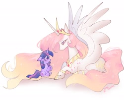 Size: 2048x1651 | Tagged: safe, artist:petaltwinkle, derpibooru import, princess celestia, twilight sparkle, unicorn twilight, alicorn, unicorn, g4, alternate design, alternate hair color, alternate hairstyle, alternate mane color, alternate tail color, crown, duo, female, filly, filly twilight sparkle, foal, hooves together, horn, jewelry, looking at each other, looking at someone, momlestia, open mouth, peytral, regalia, simple background, sitting, smiling, spread wings, white background, wings, younger