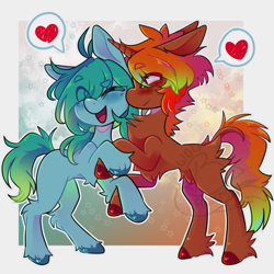 Size: 1919x1919 | Tagged: safe, artist:bwolfalien, derpibooru import, oc, oc only, oc:daniel, oc:lynx, earth pony, pony, unicorn, duo, heart, holding hooves, horn, one eye closed, open mouth, open smile, pictogram, rearing, smiling, unshorn fetlocks