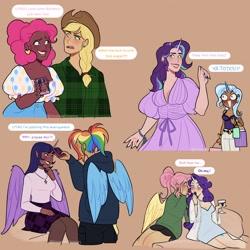 Size: 2048x2048 | Tagged: safe, artist:timelessclownry, derpibooru import, applejack, fluttershy, pinkie pie, rainbow dash, rarity, starlight glimmer, trixie, twilight sparkle, twilight sparkle (alicorn), alicorn, human, g4, bag, belt, blushing, bracelet, braid, cellphone, clothes, cowboy hat, dark skin, dress, ear piercing, earring, female, flannel, glass, hat, hoodie, humanized, jewelry, light skin, mane six, necklace, open mouth, painted nails, phone, piercing, ponytail, shopping bag, sitting, smartphone, smiling, speech bubble, standing, stetson, sweater, tanktop, turtleneck, wine glass