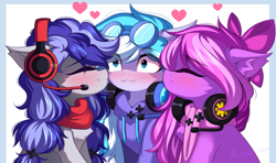 Size: 1699x1007 | Tagged: safe, artist:airiniblock, derpibooru import, oc, oc only, oc:cinnabyte, oc:lillybit, oc:skydrive, bow, clothes, headphones, headset, heart, kissing, microphone, scarf, shipping, sweater, trio