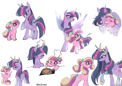 Size: 1199x848 | Tagged: safe, artist:petaltwinkle, derpibooru import, princess cadance, princess twilight 2.0, twilight sparkle, twilight sparkle (alicorn), alicorn, pony, g4, age swap, bow, chef's hat, crown, cute, duo, eyes closed, fake horn, female, filly, filly cadance, foal, folded wings, food, hair bow, hat, height difference, hoof on chest, hoof shoes, hug, jewelry, mare, older, older twilight, older twilight sparkle (alicorn), one eye closed, open mouth, pancakes, peytral, ponytail, raised hoof, raised leg, regalia, role reversal, simple background, smiling, spatula, spread wings, standing, tongue, tongue out, white background, wings, wink, younger