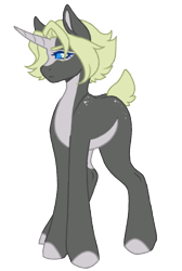 Size: 673x1000 | Tagged: safe, artist:kazmuun, derpibooru import, oc, oc only, oc:venom feather, pony, unicorn, adult blank flank, bangs, blaze (coat marking), blue eyelashes, blue eyes, coat markings, colored, colored belly, colored eyebrows, colored eyelashes, colored hooves, colored horn, colored lineart, colored pinnae, commission, facial markings, female, female oc, flat colors, frown, gray hooves, green mane, green tail, hooves, horn, mare, mare oc, narrowed eyes, no pupils, pale belly, profile, short mane, short tail, sidebangs, signature, simple background, solo, standing, tail, transparent background, unicorn horn, unicorn oc