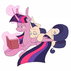 Size: 2048x2048 | Tagged: safe, artist:volchok_hehe, derpibooru import, rarity, twilight sparkle, twilight sparkle (alicorn), alicorn, unicorn, g4, cuddling, duo, eyes closed, female, horn, lesbian, lidded eyes, magic, mare, rarilight, reading, shipping, simple background, sitting, smiling, sparkles, telekinesis, white background