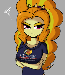 Size: 1292x1500 | Tagged: safe, artist:tjpones, derpibooru import, adagio dazzle, human, equestria girls, g4, adagiazonga dazzle, adagio dazzle is not amused, adoragio, advertisement, angry, arm under breasts, bass pro shop, big breasts, breasts, clothes, cute, female, frown, furrowed brow, gray background, looking at you, madorable, shirt, simple background, solo, unamused