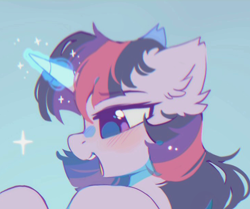 Size: 730x610 | Tagged: safe, artist:mirtash, derpibooru import, twilight sparkle, unicorn twilight, pony, unicorn, g4, bangs, blue background, blue magic, blush lines, blushing, ear fluff, ears, eyebrows, eyebrows visible through hair, female, glowing, glowing horn, horn, lidded eyes, magic, mare, open mouth, open smile, profile, purple coat, side view, simple background, smiling, solo, sparkles, straight mane, three toned mane, unicorn horn, zoomed in