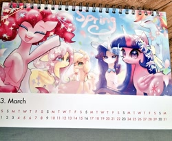 Size: 1024x842 | Tagged: safe, artist:petaltwinkle, derpibooru import, applejack, fluttershy, pinkie pie, rainbow dash, rarity, twilight sparkle, twilight sparkle (alicorn), alicorn, earth pony, pegasus, unicorn, g4, blushing, bowtie, calendar, cowboy hat, eyes closed, female, floral head wreath, floral necklace, flower, happy, hat, hoof in air, horn, looking at you, mane six, mare, petals, ponytail, smiling, stetson