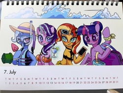 Size: 2048x1536 | Tagged: safe, artist:shagin_, derpibooru import, starlight glimmer, sunset shimmer, trixie, twilight sparkle, twilight sparkle (alicorn), alicorn, pony, unicorn, g4, bag, blushing, bucket, calendar, cellphone, clothes, counterparts, drink, female, floaty, hat, horn, lifejacket, magic, mare, open mouth, phone, ponytail, pool toy, shovel, smartphone, smiling, snorkel, sunglasses, sunglasses on head, sunset shimmer swimsuit, sunset shimmer's beach shorts swimsuit, telekinesis, twilight's counterparts