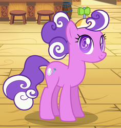 Size: 1346x1424 | Tagged: safe, ai content, derpibooru import, idw, machine learning assisted, screwball, earth pony, pony, g4, spoiler:comic, cropped, female, gameloft, hat, idw showified, mare, my little pony: magic princess, my little pony: ponyville mysteries, official, pink, pink coat, ponyville mysteries #2, propeller hat, purple, purple mane, purple tail, solo, standing, stool, swirly eyes, tail, white