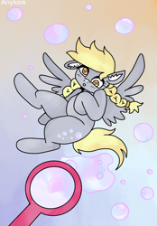 Size: 820x1180 | Tagged: safe, artist:anykoe, derpibooru import, derpy hooves, pegasus, pony, g4, alternate hairstyle, bubble, bubble blower, cute, ear fluff, ears, female, flying, looking at you, pigtails, signature, solo, spread wings, wings