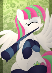 Size: 2480x3508 | Tagged: safe, artist:rainbowšpekgs, derpibooru import, blossomforth, pegasus, pony, g4, belly, belly button, bipedal, chest fluff, clothes, dressing, dressing up, eyes closed, freckles, mouth hold, round belly, socks, spread wings, standing, wings