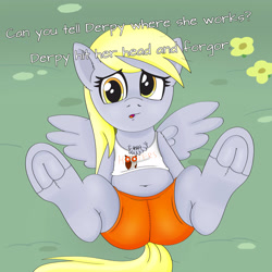 Size: 4000x4000 | Tagged: safe, artist:anonymousandrei, derpibooru exclusive, derpibooru import, derpy hooves, pegasus, pony, g4, belly, belly button, bubble butt, butt, chest fluff, clothes, confused, female, frog (hoof), hooters, hooves, hooves in air, i forgor, intentional spelling error, looking at you, looking up, looking up at you, mare, on ground, plot, shorts, solo, spread legs, spreading, talking to viewer, tanktop, underhoof