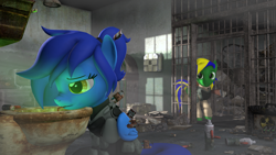 Size: 3840x2160 | Tagged: safe, artist:chacek757, derpibooru import, oc, oc:amber steel, oc:chacek, pegasus, fallout equestria, 3d, armor, concerned, drinking straw, drinking toilet water, drug use, drugs, enclave, fallout, female, gun, jail, male, mare, plasma gun, radiation, source filmmaker, stallion, toilet, wat, weapon, why