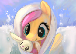 Size: 2301x1644 | Tagged: safe, artist:mandumustbasukanemen, derpibooru import, angel bunny, fluttershy, pegasus, pony, g4, clothes, female, hoodie, mare, outdoors, snow, solo