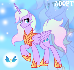 Size: 1280x1206 | Tagged: safe, artist:vi45, derpibooru import, oc, oc only, alicorn, pony, adoptable, alicorn oc, armor, base used, blue eyes, concave belly, cuirass, ethereal mane, folded wings, gradient background, gradient mane, gradient tail, hoof shoes, horn, long horn, long mane male, looking back, male, male alicorn, male alicorn oc, male oc, princess shoes, purple coat, raised hoof, raised leg, smiling, solo, sparkles, sparkly mane, sparkly tail, stallion, stallion oc, starry mane, starry tail, tail, thin, three quarter view, unicorn horn, wavy mane, wavy tail, wings, zoom layer