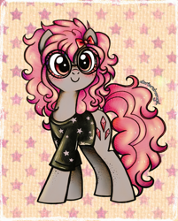 Size: 2329x2897 | Tagged: safe, artist:dariarchangel, derpibooru import, oc, oc only, oc:krista pebble, earth pony, pony, g4, adorable face, black clothes, black t-shirt, blushing, bow, c:, clothes, curly hair, curly mane, curly tail, cute, cute face, cute smile, earth pony oc, female, female oc, freckles, glasses, gray coat, hair accessory, hair bow, hoof freckles, leg freckles, looking at you, mare, mare oc, ocbetes, patterned background, pink hair, pink mane, pink tail, pony oc, red eyes, round glasses, shirt, smiling, standing, stars, t-shirt, tail, too cute, traditional art