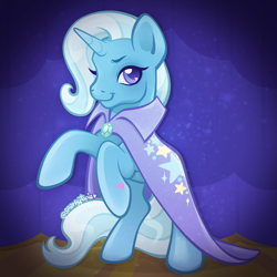 Size: 2400x2400 | Tagged: safe, artist:sparkytopia, derpibooru import, trixie, pony, unicorn, g4, cape, clothes, eyebrows, female, horn, looking at you, mare, rearing, signature, solo, trixie's cape