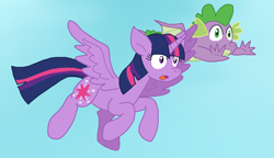 Size: 1700x981 | Tagged: safe, artist:cmara, derpibooru import, spike, twilight sparkle, twilight sparkle (alicorn), alicorn, dragon, pony, g4, :o, female, flying, male, mare, open mouth, winged spike, wings