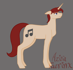 Size: 1028x984 | Tagged: safe, artist:azira faerinx, derpibooru import, oc, oc only, unicorn, g4, horn, long tail, male, music notes, red mane, serious, serious face, short mane, side view, solo, stallion, tail, tan coat, unicorn oc