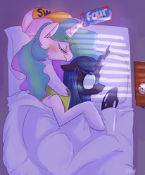 Size: 2565x3114 | Tagged: dead source, safe, artist:xieril, derpibooru import, princess celestia, queen chrysalis, alicorn, pony, g4, 2015, baseball cap, bed, blushing, brolestia, cap, commission, cuddling, dork, dorkalis, drunk, drunklestia, duo, eyes closed, female, four loko, hat, lesbian, mare, mewball, nerd, old art, ruined for marriage, scrunchy face, ship:chryslestia, shipping, sleeping, snuggling, spooning, tsundere