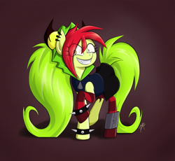 Size: 2906x2672 | Tagged: safe, artist:zetamad, derpibooru import, pony, 2017, clothes, demencia, grin, old art, ponified, raised hoof, raised leg, smiling, solo, species swap, spiked wristband, villainous, wristband