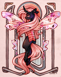 Size: 1986x2494 | Tagged: safe, artist:segraece, derpibooru import, oc, oc only, changeling, 2018, changeling oc, commission, modern art, multiple eyes, nouveau, old art, pink changeling, solo, spread wings, wings