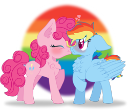 Size: 1548x1333 | Tagged: safe, artist:rosiepie15, derpibooru import, pinkie pie, rainbow dash, earth pony, pegasus, pony, g4, 2018, blushing, duo, duo female, ears, eyes closed, female, floppy ears, heart, kiss on the lips, kissing, lesbian, mare, nose wrinkle, old art, pinkiedash, pride, pride flag, raised hoof, raised leg, scrunchy face, shipping, side view, simple background, transparent background, wings