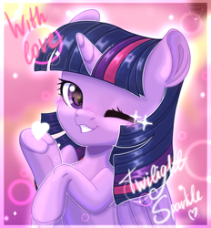 Size: 1667x1800 | Tagged: safe, artist:amitadust, artist:auroracursed, derpibooru import, twilight sparkle, twilight sparkle (alicorn), alicorn, pony, g4, 2019, blushing, commission, female, frog (hoof), heart, looking at you, mare, old art, one eye closed, smiling, smiling at you, solo, underhoof, wings, wink, winking at you