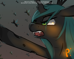 Size: 2500x2000 | Tagged: safe, artist:phlerius, derpibooru import, queen chrysalis, changeling, changeling queen, a canterlot wedding, g4, 2020, background changeling, crown, digital art, featured on derpibooru, female, flying, frown, glare, gray background, jewelry, my little pony: friendship is magic, night, old art, open mouth, pointing, regalia, simple background, solo focus, spread wings, underhoof, wings