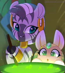 Size: 1977x2214 | Tagged: safe, artist:amitadust, artist:auroracursed, derpibooru import, zecora, oc, oc:foliony, insect, moth, mothpony, original species, zebra, g4, 2020, :o, bubble, cauldron, cute, duo, eyes on the prize, female, glowing, grin, heart, heart eyes, hoof hold, leaning, looking at something, mare, ocbetes, old art, open mouth, smiling, starry eyes, wingding eyes, zecorable