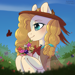 Size: 2000x2000 | Tagged: safe, artist:amitadust, artist:auroracursed, derpibooru import, pear butter, butterfly, earth pony, pony, g4, 2021, blushing, bouquet, commission, cottagecore, female, flower, grass, hat, high res, mare, old art, outdoors, solo, sun hat