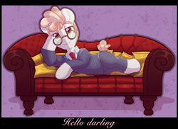 Size: 1800x1312 | Tagged: safe, artist:amitadust, artist:auroracursed, derpibooru import, svengallop, earth pony, pony, g4, 2020, bedroom eyes, clothes, glasses, hoof on head, looking at you, lying down, male, necktie, old art, reclining, smiling, smiling at you, sofa, solo, stallion, stupid sexy svengallop, sultry pose