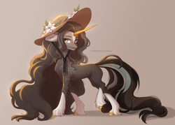 Size: 3700x2650 | Tagged: safe, artist:avroras_world, derpibooru import, oc, oc only, pony, unicorn, chest fluff, ear fluff, ears, female, flower, hat, horn, mare, simple background, solo, sun hat, unshorn fetlocks