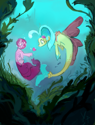 Size: 4377x5753 | Tagged: safe, artist:megalura, derpibooru import, pinkie pie, princess skystar, earth pony, fish, pony, seapony (g4), g4, my little pony: the movie, algae, bubble, bubble on head, coral, crepuscular rays, digital art, duo, duo female, female, fin wings, fins, fish tail, flower, flower in hair, flowing mane, flowing tail, heart, helmet, holiday, jewelry, lesbian, looking at each other, looking at someone, mare, necklace, ocean, open mouth, open smile, pearl necklace, scales, seaweed, shipping, signature, skypie, smiling, smiling at each other, sunlight, swimming, tail, underwater, valentine, valentine's day, water, wings