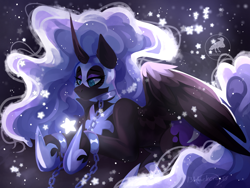 Size: 1600x1200 | Tagged: safe, artist:13blackcrows, derpibooru import, nightmare moon, alicorn, pony, g4, ankle chain, chained, chains, curved horn, female, helmet, hoof shoes, horn, manacles, mare, peytral, shackles, solo, stars