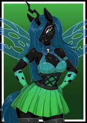 Size: 1240x1754 | Tagged: safe, artist:rekheadz, derpibooru import, queen chrysalis, anthro, changeling, changeling queen, g4, bedroom eyes, breasts, cleavage, clothes, deviantart watermark, female, freckles, gradient background, green skirt, hair over one eye, hand on hip, obtrusive watermark, queen chrysaltits, skirt, smiling, solo, watermark