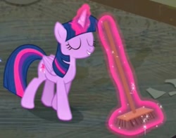 Size: 483x380 | Tagged: safe, derpibooru import, screencap, twilight sparkle, twilight sparkle (alicorn), alicorn, g4, the saddle row review, broom, cropped, glowing, glowing horn, horn, magic, my little pony: friendship is magic, solo, sweeping, sweepsweepsweep, telekinesis, twilight sweeple