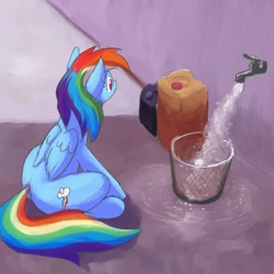 Size: 800x800 | Tagged: safe, artist:rocket-lawnchair, derpibooru import, rainbow dash, pegasus, pony, g4, faucet, female, looking at something, mare, rainbow dumb, sitting, solo, trash can, waste basket