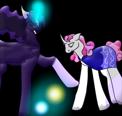 Size: 3962x3776 | Tagged: source needed, safe, artist:earth.loser, derpibooru import, star swirl the bearded, alicorn, unicorn, comic:friendship is pointless, g4, black sclera, cloak, clothes, flowing mane, glowing, glowing horn, horn, magic, pink mane, pink tail, prophecy, starswirl's mentor, sun, tail, wavy mane