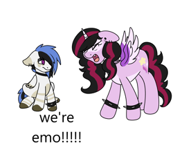 Size: 3500x3000 | Tagged: safe, artist:strawberrywolv, derpibooru import, oc, oc only, oc:astralthunder, oc:breezybelle, alicorn, pegasus, pony, couple, duo, emo, horn, meme, purple eyes, simple background, white background, wings