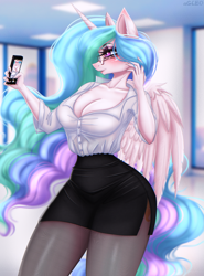 Size: 1649x2234 | Tagged: safe, artist:agleo, derpibooru import, princess celestia, alicorn, anthro, g4, breasts, cellphone, cleavage, clothes, female, glasses, horn, pantyhose, phone, princess breastia, shirt, skirt, smartphone, solo