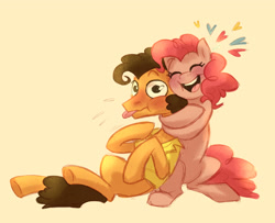 Size: 2048x1665 | Tagged: safe, artist:peachushka, derpibooru import, cheese sandwich, pinkie pie, earth pony, pony, g4, cheesepie, duo, duo male and female, eyes closed, female, heart, hug, male, mare, open mouth, open smile, shipping, smiling, stallion, straight, tongue, tongue out