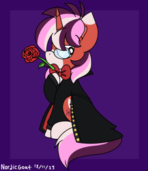 Size: 2608x3000 | Tagged: safe, artist:nordicgoat, derpibooru import, oc, oc only, unicorn, bowtie, cape, clothes, coat markings, flower, glasses, horn, lidded eyes, looking back, male, mouth hold, raised hoof, raised leg, rose, solo, suit