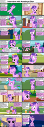 Size: 1282x3661 | Tagged: safe, artist:agrol, derpibooru import, edit, amethyst star, sparkler, pony, unicorn, comic:celestia's servant interview, g4, a day in ponyville, another day in ponyville, apple, awwmethyst star, basket, belly, book, box, buckball, buckball uniform, buckbasket, bushel basket, cake, caption, cardboard box, cart, clothes, concerned, concerned pony, content, cookie, cs captions, cuddling, descriptive noise, eating, embarrassed, evening, eyes closed, female, flower, foal free press, food, grass, grass field, grin, happy, head on hoof, head tilt, horn, image macro, interview, levitation, looking at you, lying down, magic, magic aura, mare, market stall, mirror, newspaper, night, on back, onomatopoeia, open window, outdoors, picture frame, pile of books, plate, plushie, ponyville, present, puffy cheeks, punk, raised hoof, raised leg, reading, sandwich, scarf, screenshots, sitting, smiling, smiling at you, sniffing, softdrink, solo, stall, straw, teddy bear, telekinesis, text, tired, tongue, tongue out, turnip, vase, window