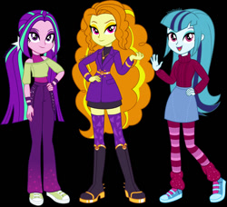 Size: 750x683 | Tagged: safe, alternate version, artist:limedazzle, derpibooru import, adagio dazzle, aria blaze, sonata dusk, equestria girls, g4, alternate hairstyle, belt, black background, boots, clothes, coat, denim, eyeshadow, female, hairband, high heel boots, jeans, jewelry, leg warmers, loose hair, makeup, necklace, open mouth, pants, shirt, shoes, simple background, skirt, sneakers, socks, striped socks, sweater, tanktop, the dazzlings, trio, trio female, wristband