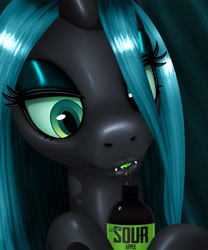 Size: 3334x4000 | Tagged: safe, artist:anonymousandrei, derpibooru exclusive, derpibooru import, queen chrysalis, changeling, changeling queen, g4, bottle, drink, drool, green tongue, lidded eyes, lips, salivating