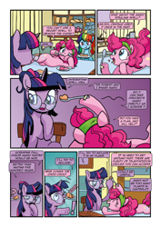 Size: 1920x2715 | Tagged: safe, artist:alexdti, artist:v-nico, derpibooru import, pinkie pie, rainbow dash, twilight sparkle, earth pony, pony, comic:alicorn of magic, g4, alternate hairstyle, boop, comic, female, glasses, indoors, mare, spoon, tape