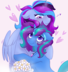 Size: 1091x1158 | Tagged: safe, artist:sparjechkaa, derpibooru import, oc, oc only, pegasus, g4, blue coat, bouquet, commission, couple, female, flower, hug, lesbian, looking at each other, looking at someone, pink background, purple mane, romantic, simple background, smiling, smiling at each other, ych result