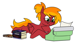 Size: 1288x703 | Tagged: safe, artist:moonatik, derpibooru import, oc, oc only, oc:moonatik, pegasus, pony, book, fanfic art, glasses, hair bun, hoof on chin, male, pegasus oc, simple background, solo, stallion, transparent background, typewriter